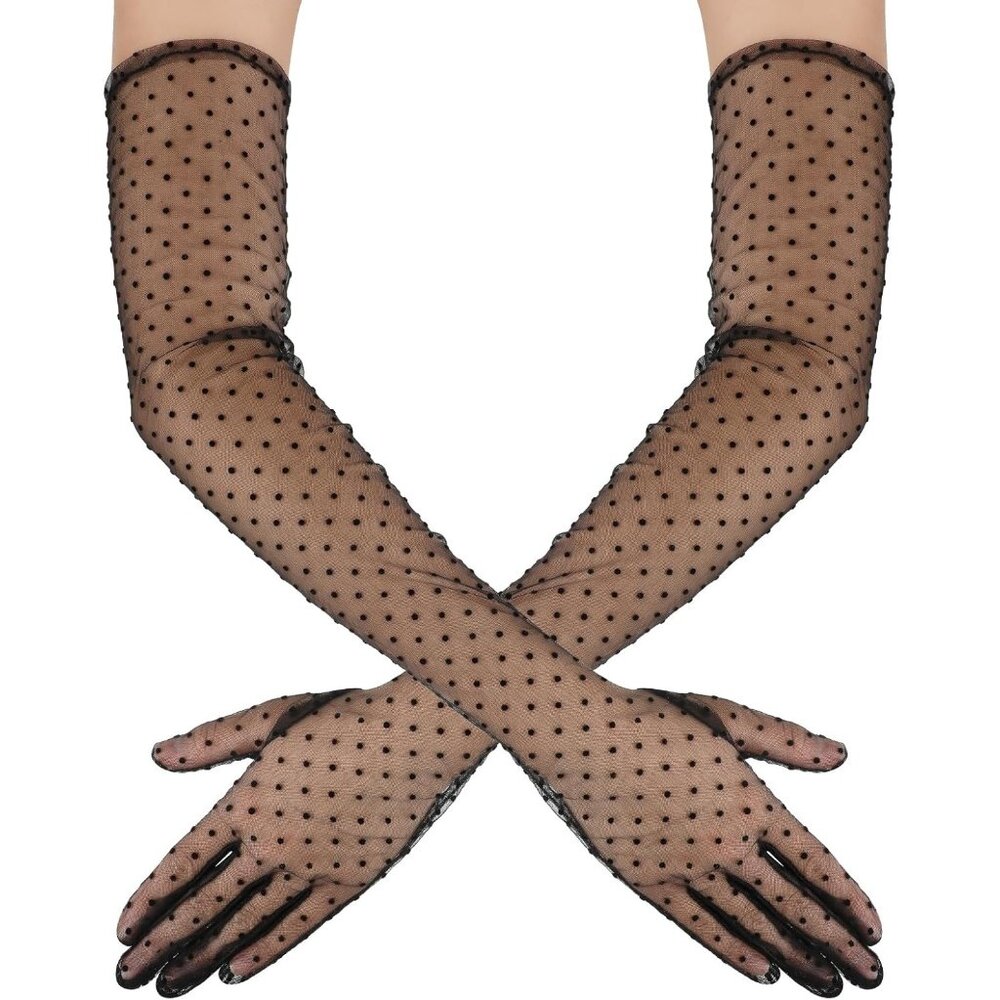 Women's Black Polka Dot Tulle Lace Gloves Elbow Length Halloween Party Costume